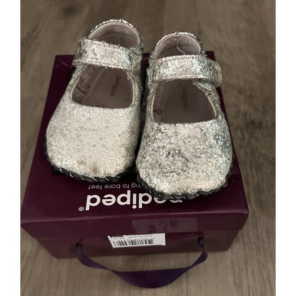 Pediped Delaney Silver Pink Baby Girl Shoes w/box US Sz 6-12 Months Good to VGC!